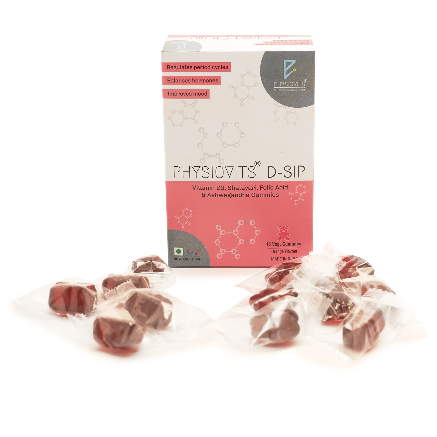 Physiovits D Sip | Vit D3, Shatavari, Folic Acid & Ashwagandha Gummies | 15 Veg Gummies