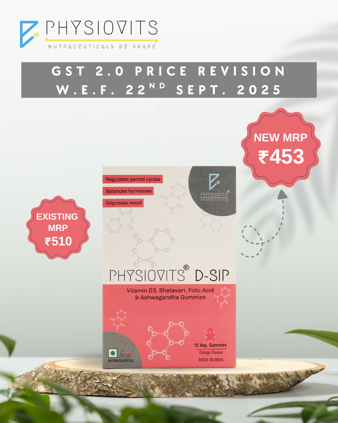 Physiovits D Sip | Vit D3, Shatavari, Folic Acid & Ashwagandha Gummies | 15 Veg Gummies
